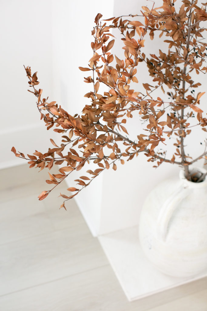 Brown leaves in a white vase.